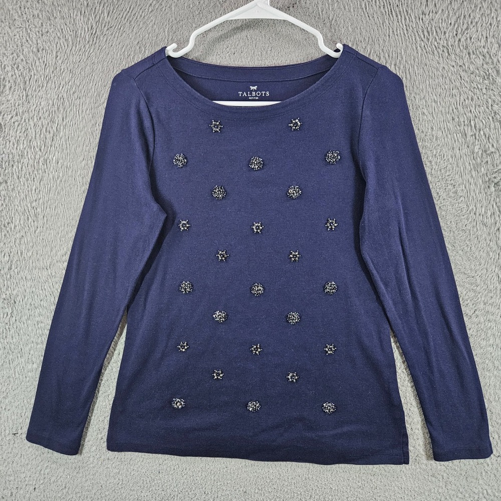 Talbots Petites Navy Blue Beaded‎ Snowflake Cotton Top MP Long Sleeve Holiday